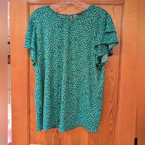 Adrianna Papell Green/Black/White Polka Dot Blouse with ruffles and STRETCH